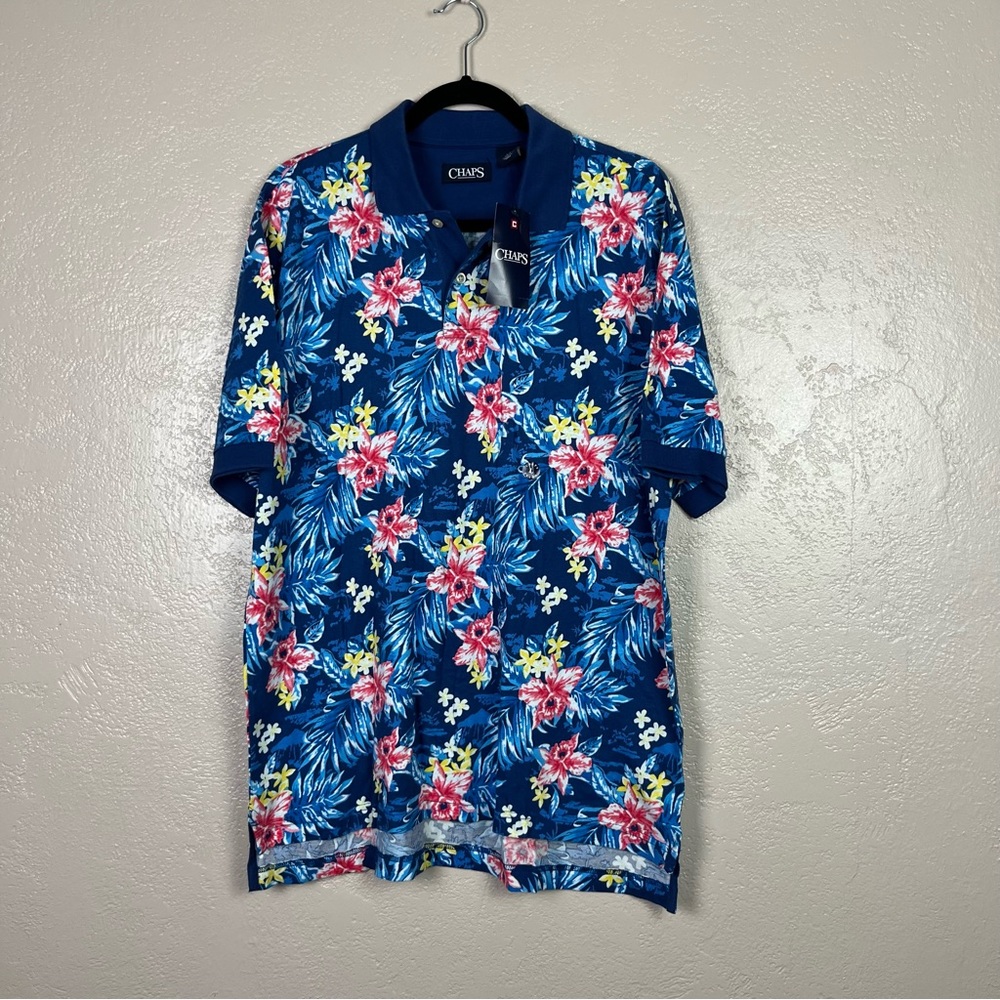 Chaps men short sleeve multicolor floral Hawaii polo shirt size large‎